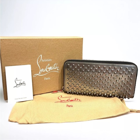 LOUBOUTIN Panettone Silver Spike Stud Patent Zippy Long Wallet + Dust Bag & Box - Picture 1 of 10